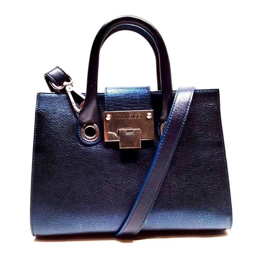 Auth Jimmy Choo Mini Metallic Blue Leather 2way Crossbody Top Handle Riley Bag